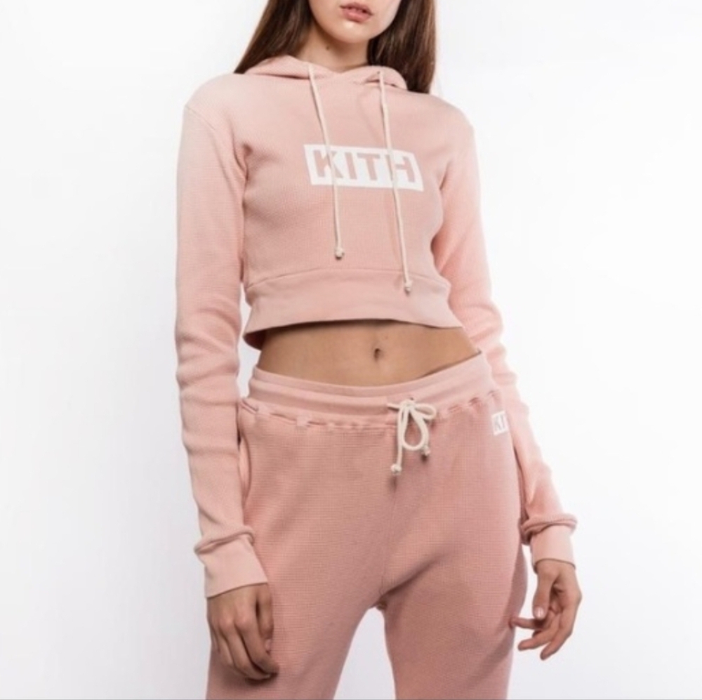 Calux × Kith Ada Waffle Cropped Logo Hoodie Size S Dusty Pink